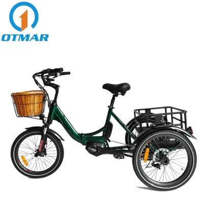 Vendita calda MID Drive City Trike elettrico 3 ruote Cargo Bike 36V / 48V Batteria al litio 250W Triciclo elettrico pieghevole Adulto Strada Piccolo pneumatico E-Trike